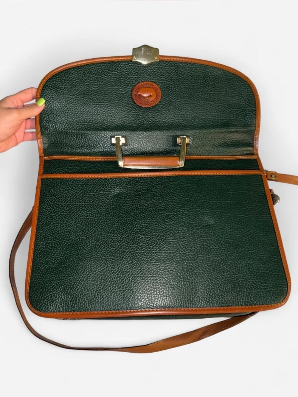 Vintage Dooney and Burke Dark Green Leather Briefcase with Brown Trim